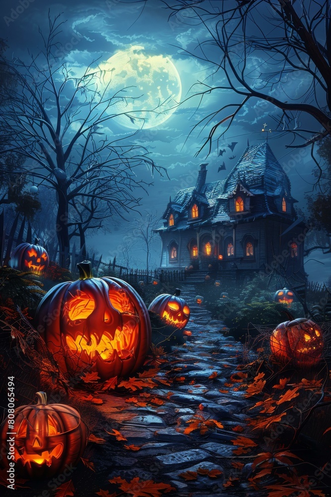 Haunted house with pumpkins in a spooky forest