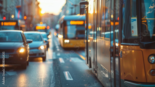 Buses and cars caught in the golden hour of a bustling city street © EmmaStock