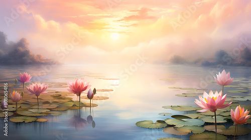 Create a watercolor background depicting a serene lotus pond at sunrise, with soft fog hovering over the water © Sunny