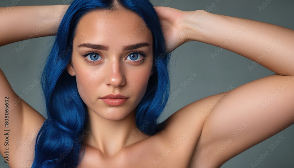 Naklejka premium Woman with perfect skin closeup. Transparent background. Young woman with blue hair and blue eyes close-up. Beauty care. Natural light. Light blue background. Portrait, beauty, face, care, natural