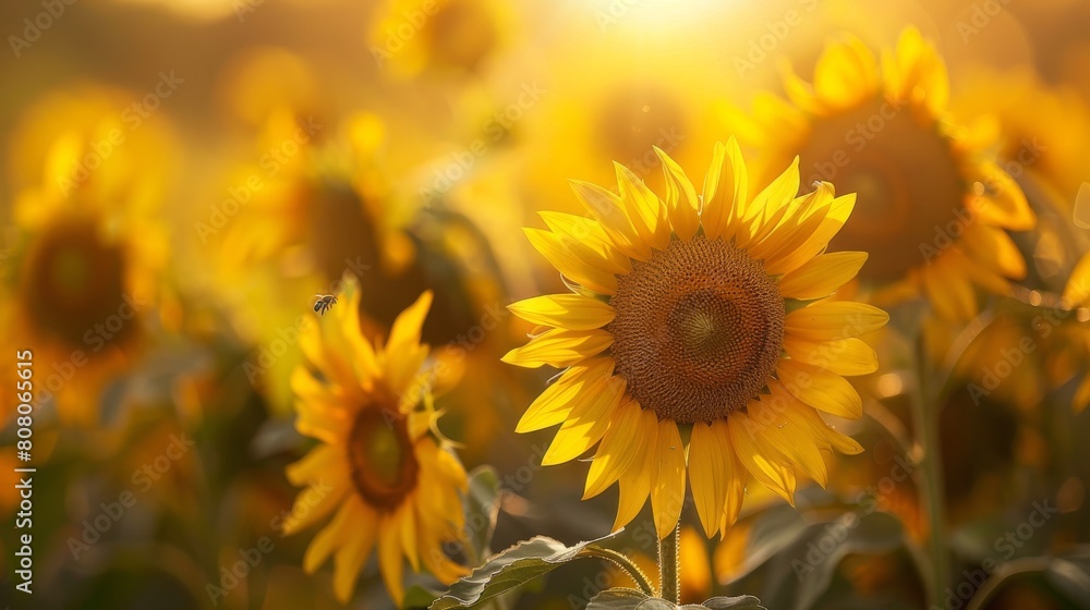 Golden hour at a sunflower field with a vivid sun setting in the background