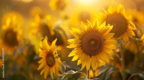 Golden hour at a sunflower field with a vivid sun setting in the background