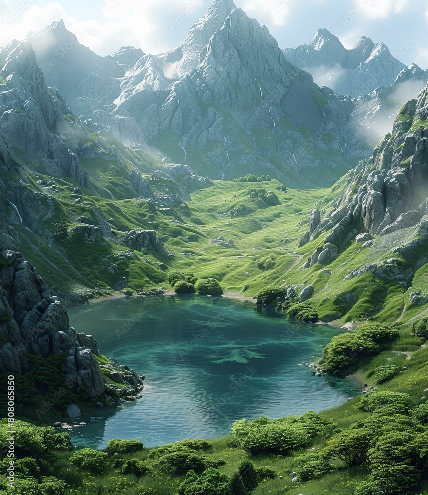 Misty mountains and green valley with a blue lake