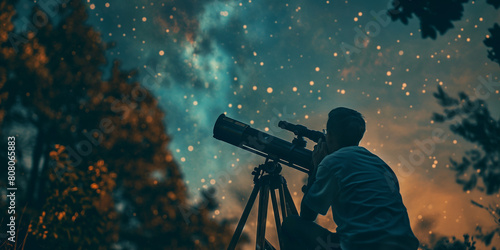 Astronomer or stargazer with a telescope in night sky watch the stars and moon. Astronomy, moonlight, galaxy exploration, silhouette concept. photo