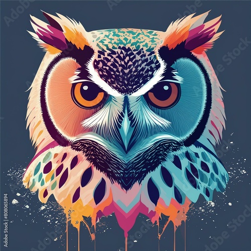 an abstract portrait of an owl, incorporating a double exposure effect with bright, flowing colors resembling paint splashes, enhancing the owl’s mystical aura