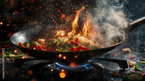 Sizzling stir-fry with vibrant vegetables creating a fiery display in a wok