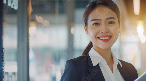 Happy young Asian saleswoman looking at camera welcoming client Smiling woman executive manager secretary offering professional business services holding digital tablet standing in off : Generative AI