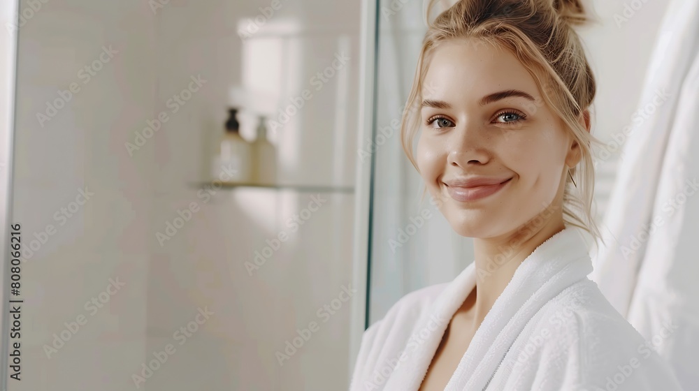 Happy attractive blonde woman in white silky bathrobe posing at white bathroom smiling at camera closeup portrait panorama with copy space Face and skin care at home concept : Generative AI Happy attractive blonde woman in white silky bathrobe posing at white bathroom smiling at camera closeup portrait panorama with copy space Face and skin care at home concept : Generative AI