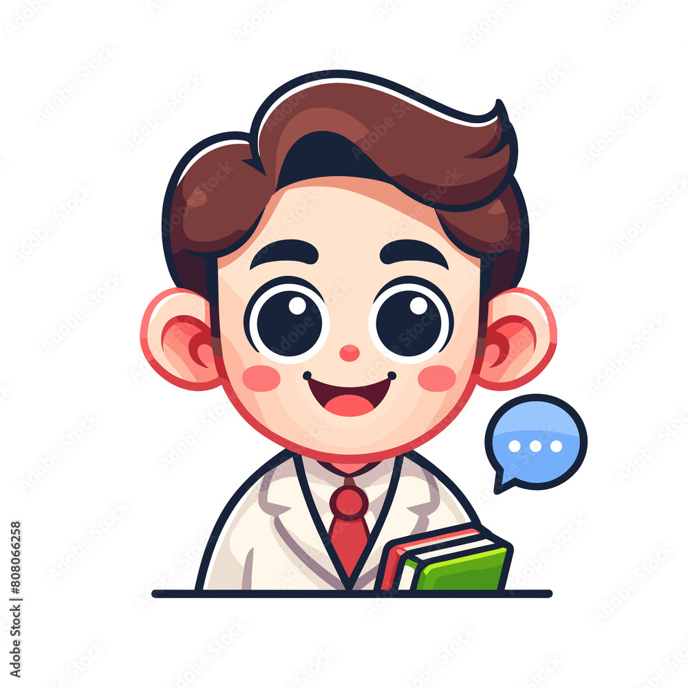 Cartoon-style Vector Illustration of a Friendly Linguist Character, Engaged in Language Analysis with a Dictionary and Notebook, Promoting Linguistics Study and Multilingual Communication
