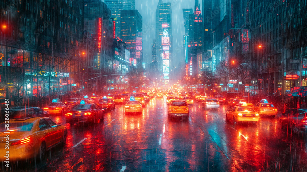 A vibrant and surreal view of Times Square, New York City, at night, with yellow taxis and bright neon lights, in the rain