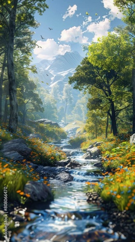 Mountains and river in a valley with flowers