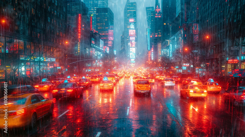 A vibrant and surreal view of Times Square  New York City  at night  with yellow taxis and bright neon lights  in the rain