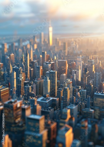 A miniature model of a city with skyscrapers and sunlight