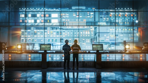 Engineers in a control room monitoring processes in a high-tech industrial facility photo