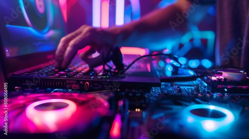 Vibrant DJ mixing beats at a neon-lit club, capturing the lively party atmosphere