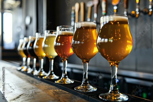 Glasses of beer on a bar counter in a pub or restaurant