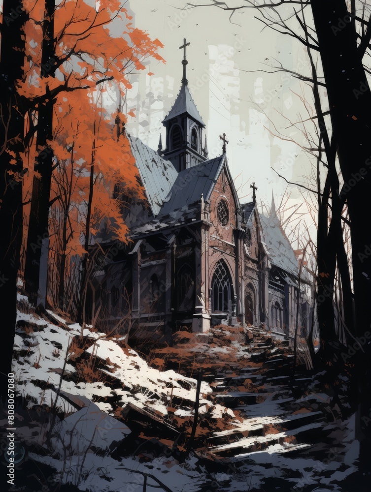 a little church, medieval, scifi, cold, trees, moody