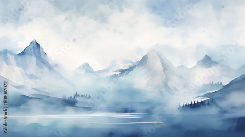 Create a watercolor background depicting a panoramic view of a snowy mountain range under a clear winter sky