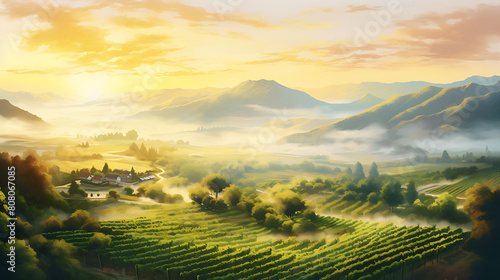 Create a watercolor background depicting an aerial view of a sprawling vineyard at sunrise  with mist rolling over the hills