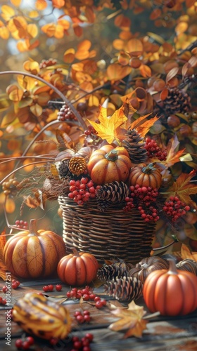 A basket of pumpkins and pine cones surrounded by fall leaves