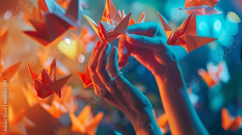 Enchanting scene of hands folding colorful paper origami birds with a blurred background photo
