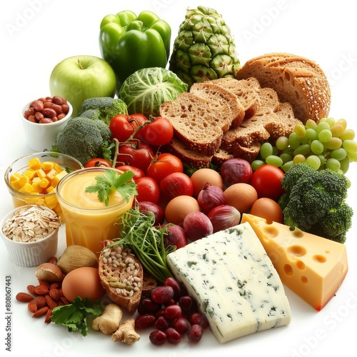 A variety of healthy foods are arranged on a white background