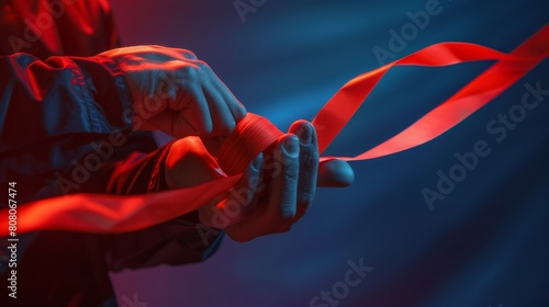 Dynamic close-up of hands wrapping red ribbon around wrist in moody lighting