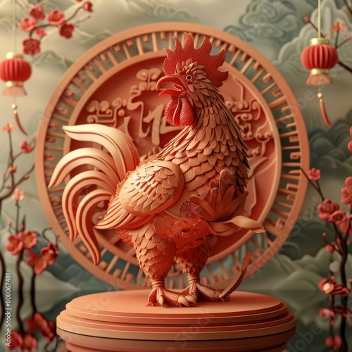 A 3D rendering of a rooster with peach blossom and Chinese calligraphy