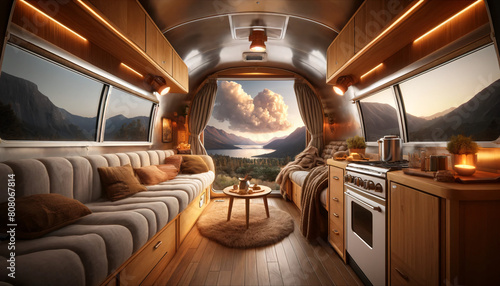 The interior of a cozy, warm Airstream camper. The interior feel inviting and comfortable, with soft lighting © Tanicsean