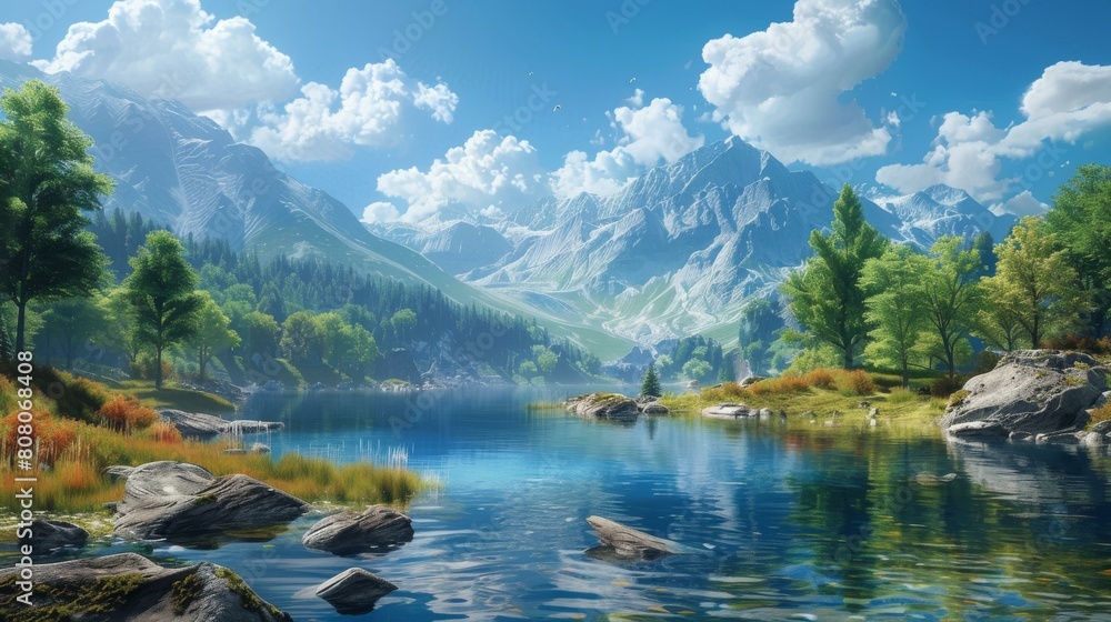 Fototapeta premium Mountains, lake and trees