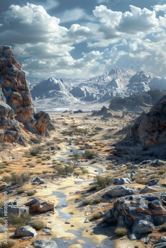 Arid desert landscape with rock formations and snow capped mountains in the distance © duyina1990