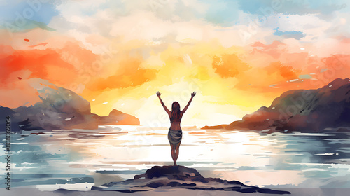 Create a watercolor background of a serene yoga session on a beach at sunrise