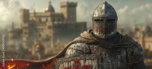 a medieval Templar knight with shield and templar logo, with a castle in the background