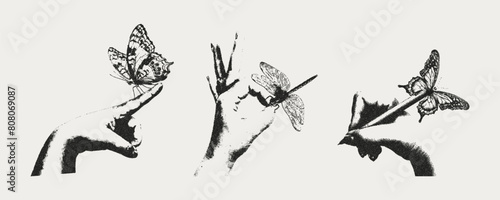 Butterflies, dragonfly, hands with monochrome vintage photocopy effect. Y2K style with vintage undertone elements. Vector illustration of grunge punk. photo