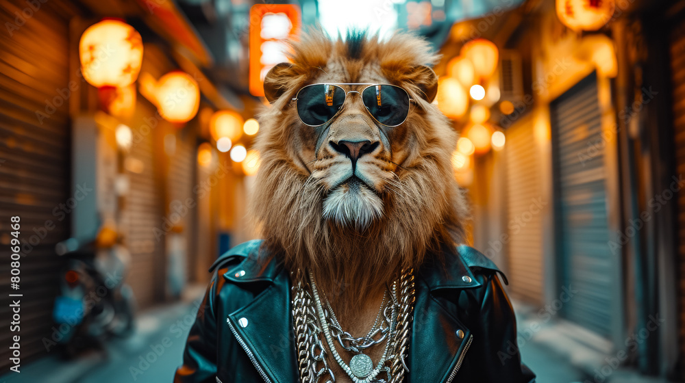 A regal lion in a sleek leather jacket, adorned with silver chains and sporting aviator sunglasses.