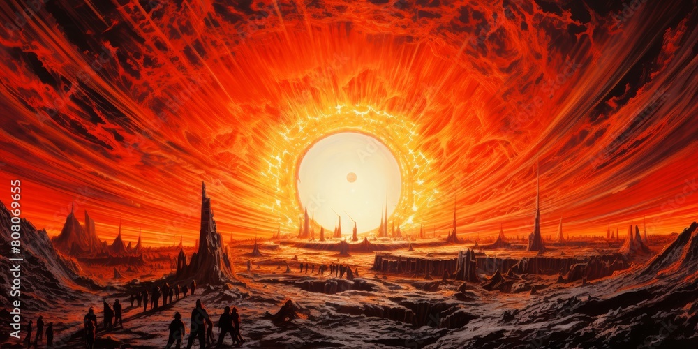 a scifi painting of the sun and a colorful spaceship