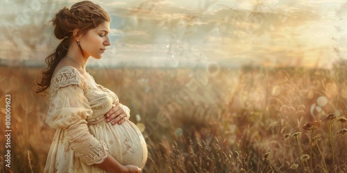 An expectant mother stands in a field of wheat