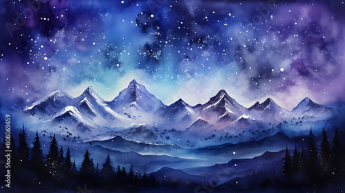 Create a watercolor background of a majestic mountain range under a star-filled sky © Sunny