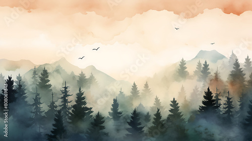 Create a watercolor background of a misty forest at dawn