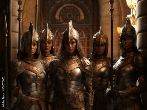 a troop of brawny medieval female paladin holy knights in full armor with plumed helmets