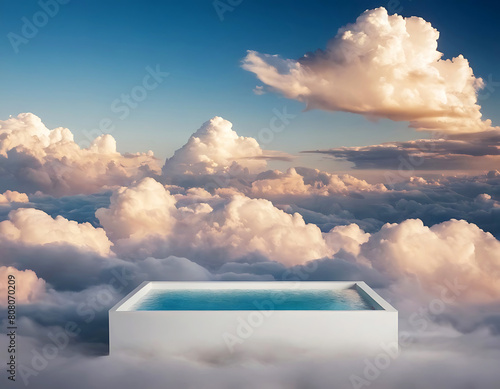 White rectangular pool with clouds in the background.