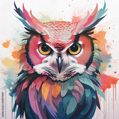 an owl portrait in an abstract artistic style, applying a double exposure effect that mixes the owl's outline with bold, colorful paint smears to symbolize creativity and wisdom