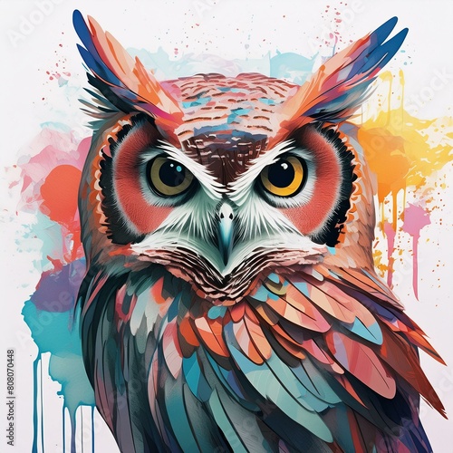 an owl portrait in an abstract artistic style, applying a double exposure effect that mixes the owl's outline with bold, colorful paint smears to symbolize creativity and wisdom
