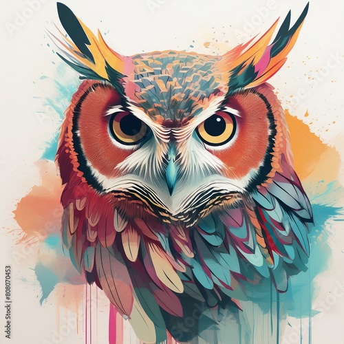 an owl portrait in an abstract artistic style, applying a double exposure effect that mixes the owl's outline with bold, colorful paint smears to symbolize creativity and wisdom