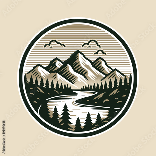 mountain forest and river logo design badge
