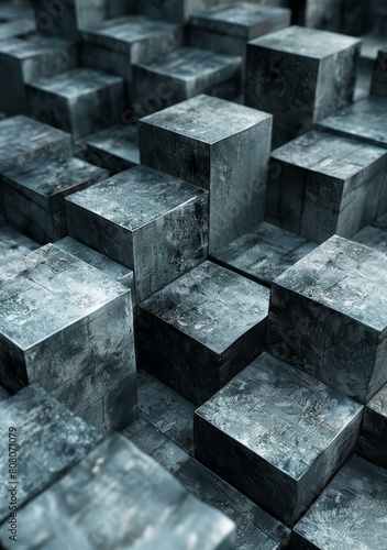 Abstract 3D rendering of a cityscape made of concrete blocks.