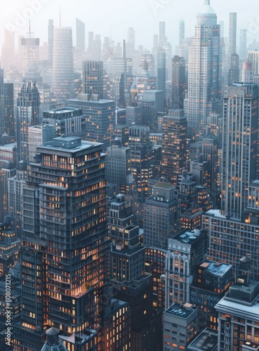 A Metropolis of Towering Skyscrapers and Glowing Windows at Night