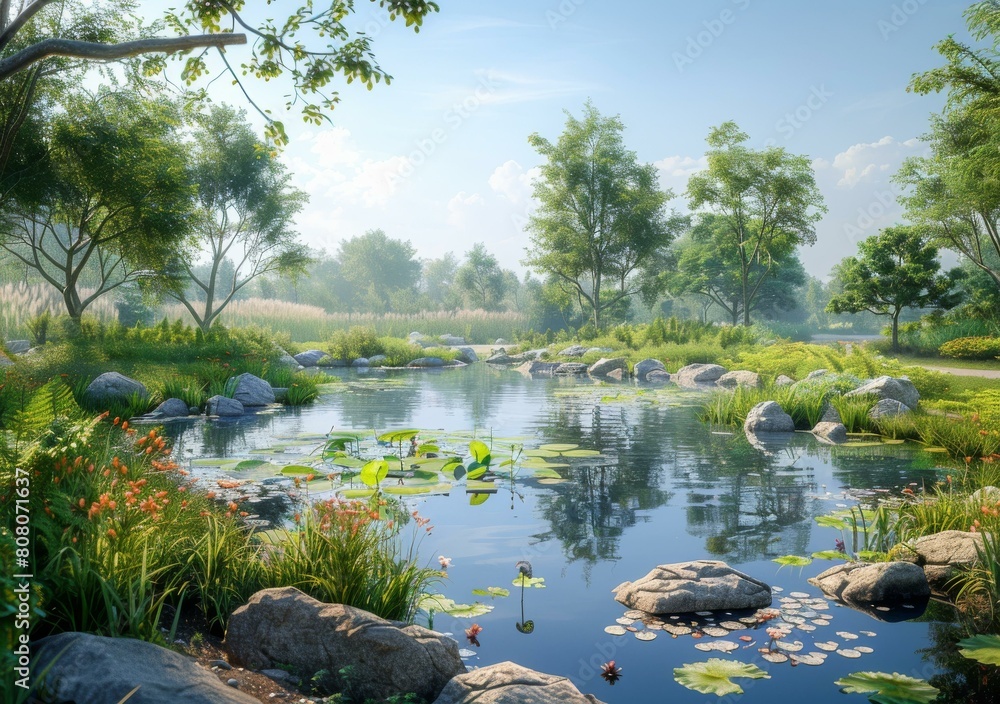 The sun shines through the trees and reflects off the water in the pond The sun shines through the trees and reflects off the water in the pond