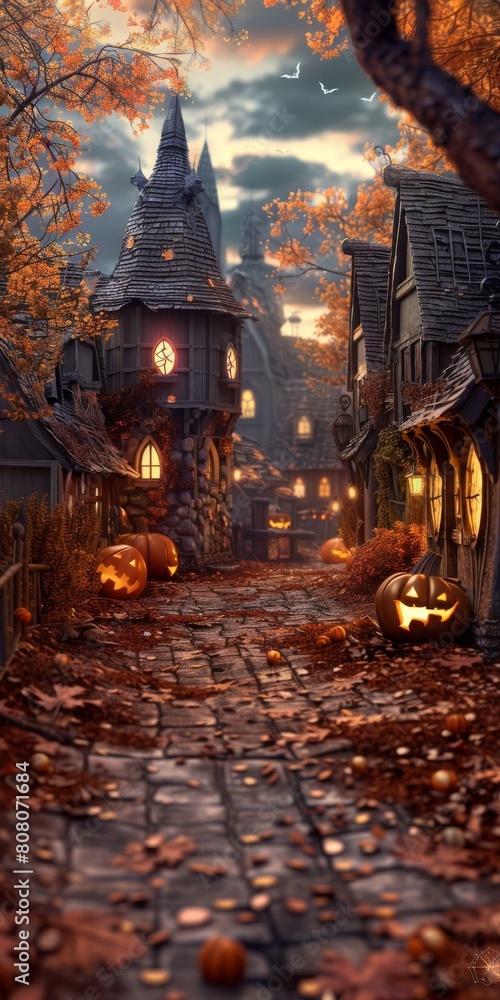 A cobblestone street in a fantasy village with jack-o'-lanterns lining the street A cobblestone street in a fantasy village with jack-o'-lanterns lining the street