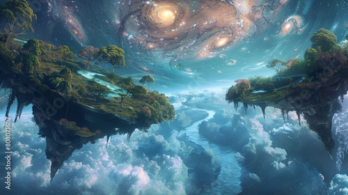 A tranquil scene set in a dimension where the sky is a canvas of swirling nebulas and stars, with floating landmasses covered in lush, alien vegetation,  photo